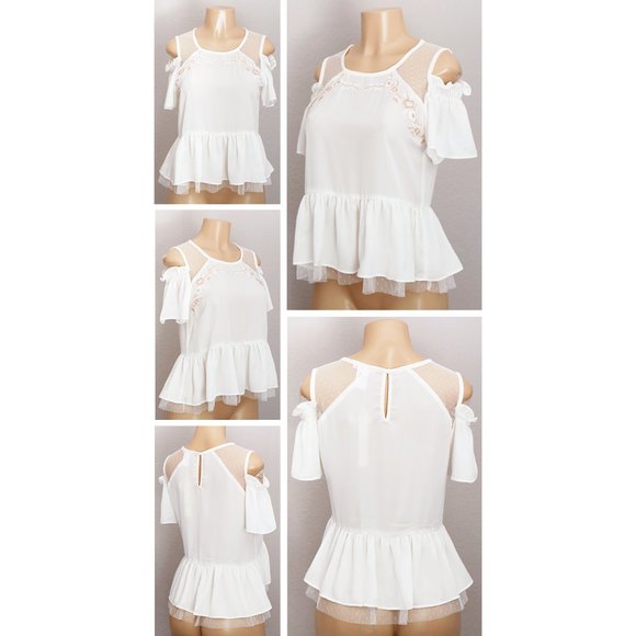 Ivory Embroidery Cold Shoulder Ruffle Peplum Top - Picture 3 of 8